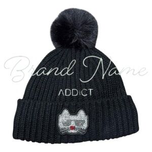 Karl Lagerfeld Paris Black Knit Bling Cat Beanie Hat
